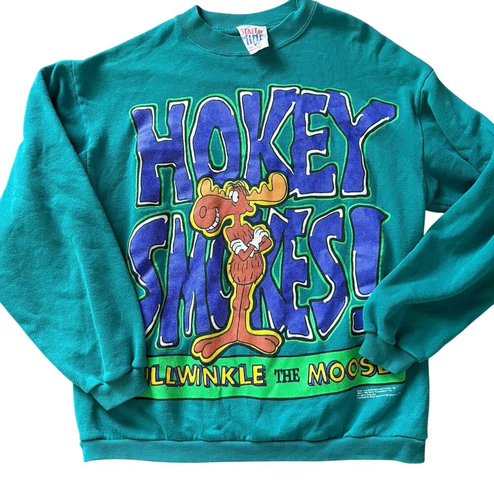 VTG 90s Bullwinkle Moose Sweatshirt State of Mine Made USA Teal Size M RARE